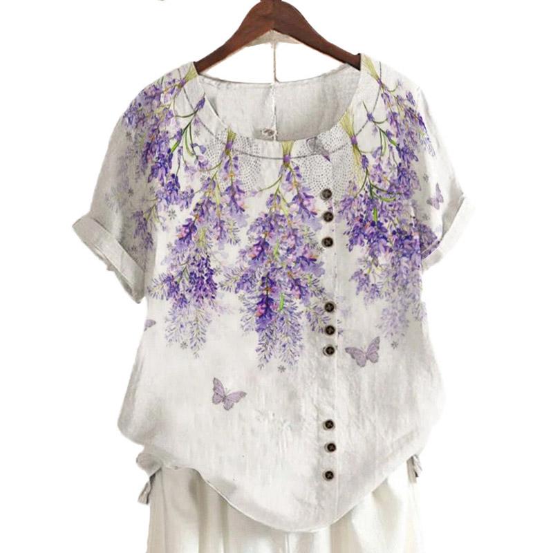 Sommer Uformell Retro bomull Lin Motetrykk Løs fritidsskjorte Kortermet allsidig T-skjorte topp for kvinner