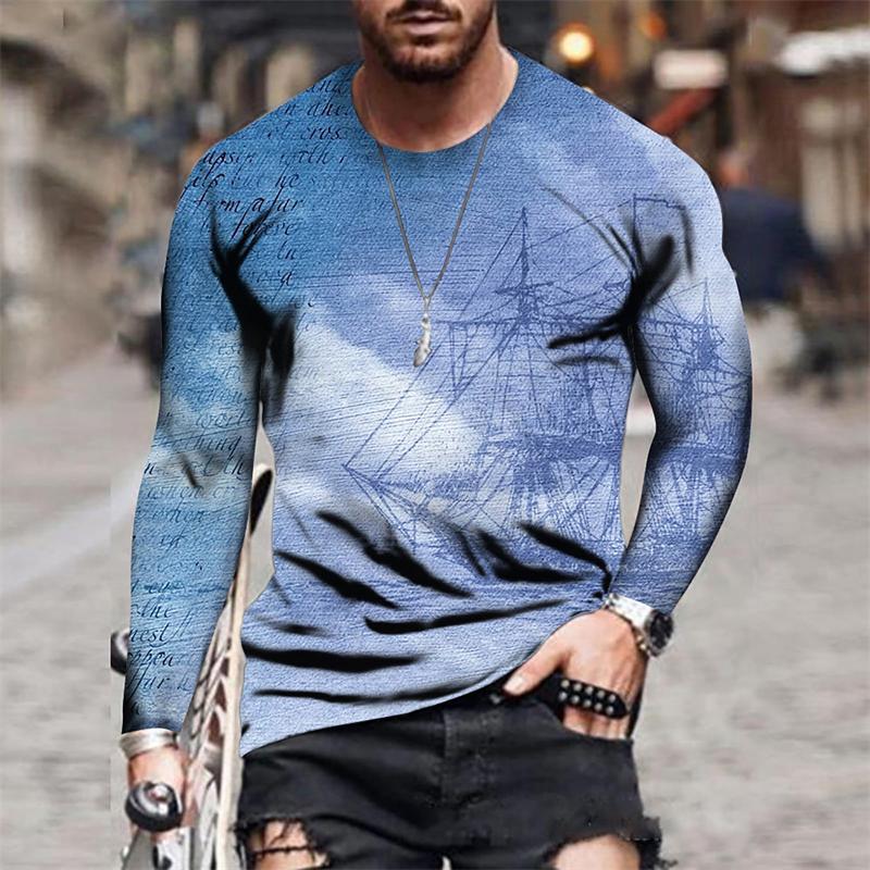 Color Block 3D Print Men's T-shirts Spring Summer Imitation Polyester Loose Round Neck Long Sleeve Casual Tops Oversized T Shirt