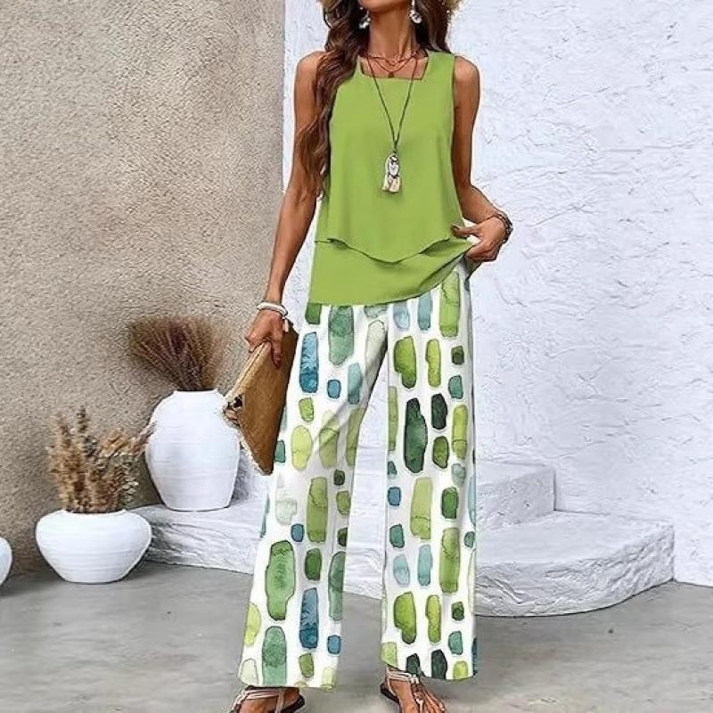 New in-stock European and American women's best-selling sleeveless double-layer tank pants set T-shirt