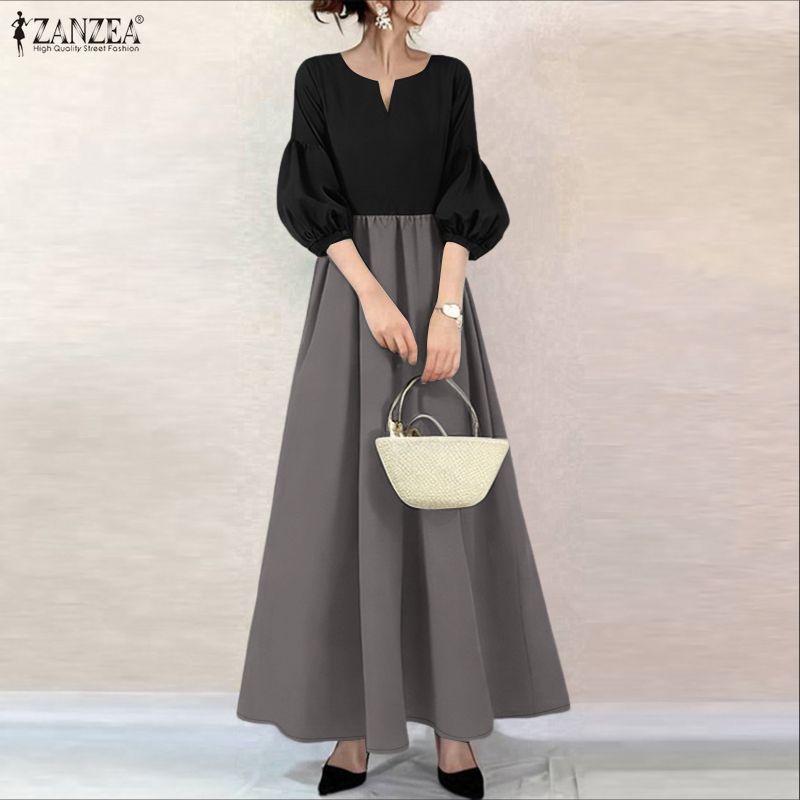 ZANZEA Lässiges, langes Kleid mit V-Ausschnitt und 3/4-Ärmeln für Damen