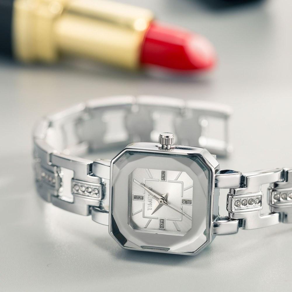 TIME100 Ladies' Skeleton Dial Wristwatch Diamond Band Quartz Water-Resistant Silver