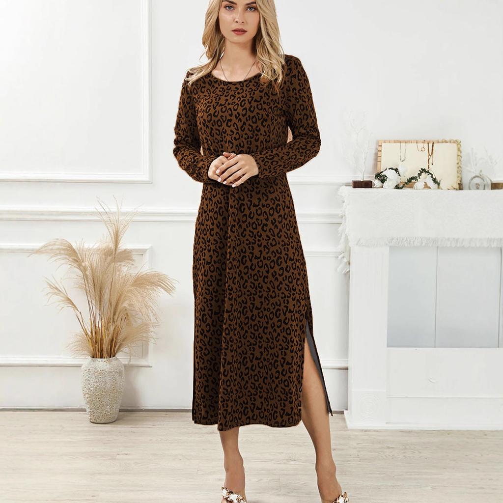 Woman Spring Fall Cocktal Dresses High Waisted Long Sleeves Leopard Printed Round-Neck Vintage Casual Ladies Maxi Dress