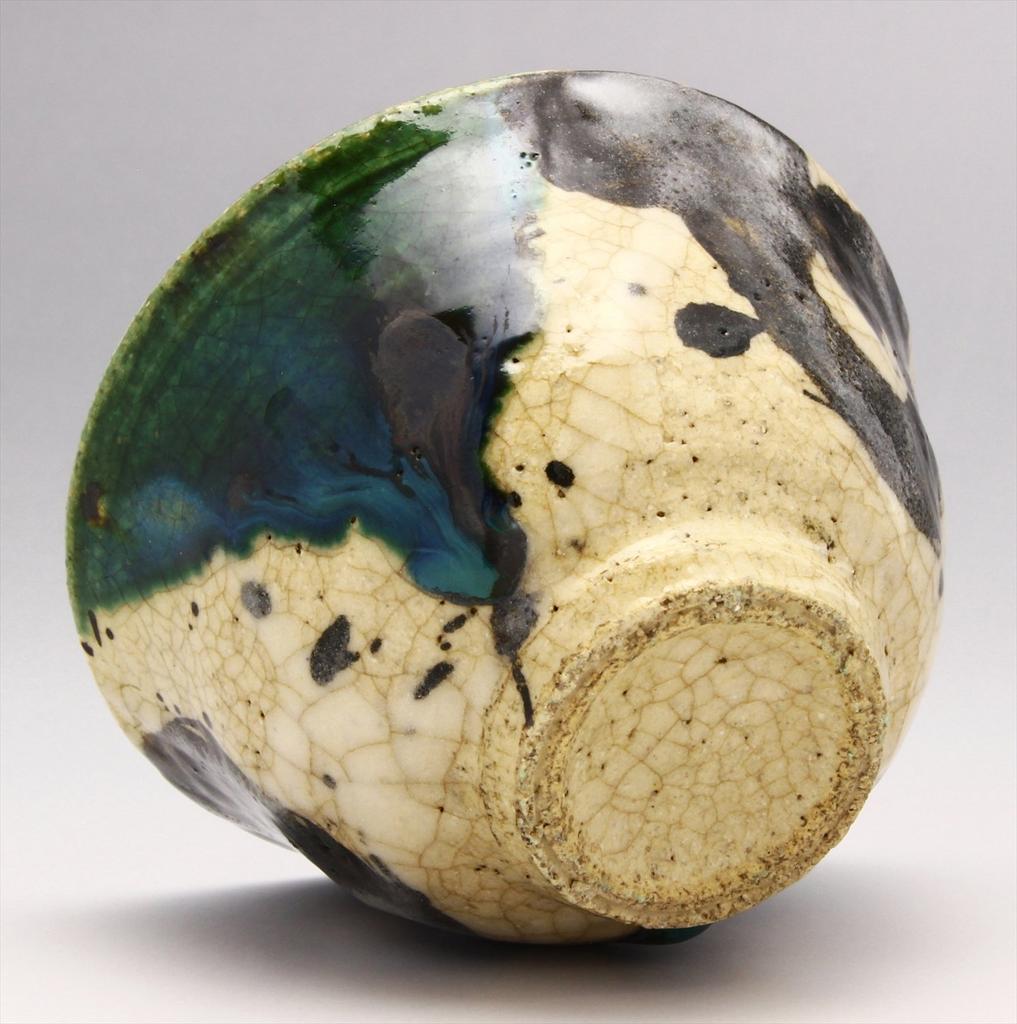 Seto Ware Tea Old Oribe Approximately 9cm Diameter X Capacity Approximately Made In Product Number "Sanji Gosan" High-footed Bowl, Senchawan, Pattern,