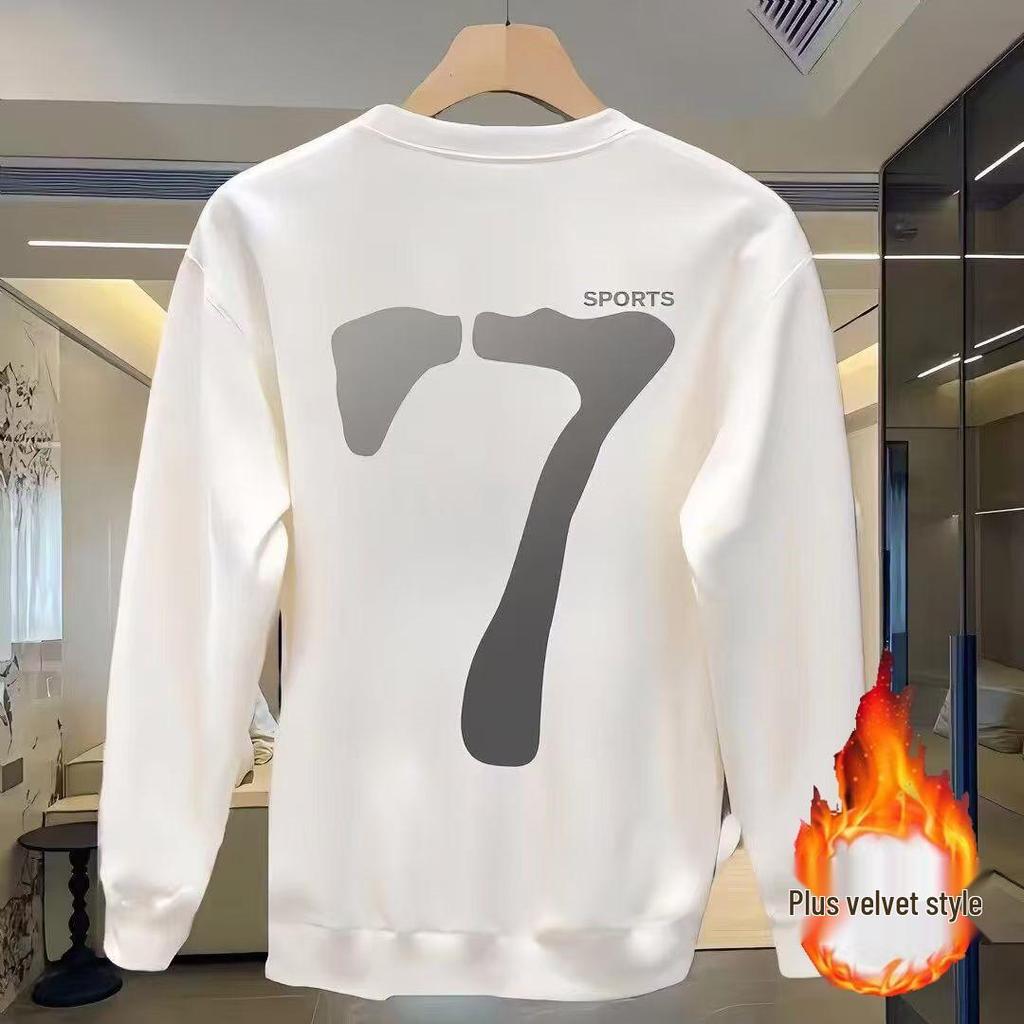 Herren Schweres Baumwoll-Sweatshirt - Koreanischer Stil, Langärmlig, Rundhalsausschnitt, Persönlichkeitszahl 7, Perfekt für Herbst und Winter