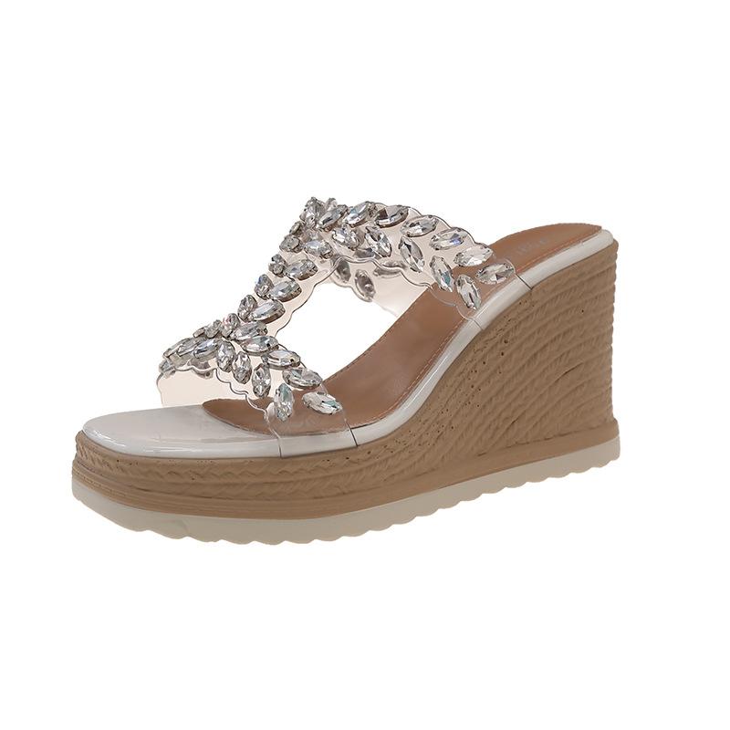 

Open-toed slope heel cool slippers women wear thick-soled one-word slippers 2025 new summer skirt small high-heeled slippers 35