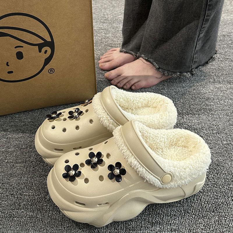 New velvet hole shoes women's winter non-slip outer wear cotton shoes heightened thick-soled home removable cotton slippers