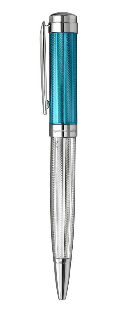 Xezo Incognito Twist Action Ballpoint Solid 925 Sterling Azure Blue Lacquer Platinum Diamond Cut Edition Pen, Silver, Cap.Pure Plated.Weight &