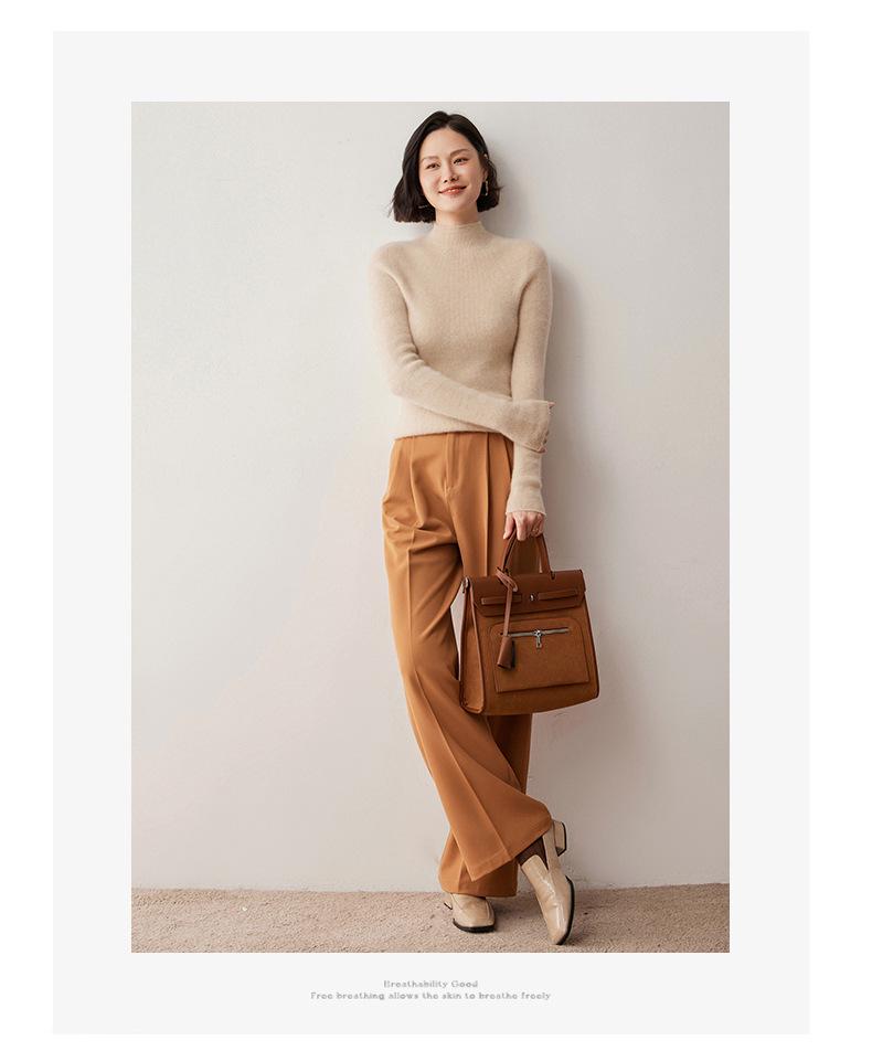 Women's Ribbed Cashmere Half-High Neck Sweater - 2024 Autumn/Winter Tight-Fit Knit Base Layer