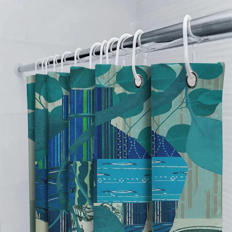 Stilvorhang Blaue Grüne Blätter Modernes Wohnaccessoire Duschpaneele Künstlerischer Fliesen-Backsplash Tapetendesign Badezimmerdekoration