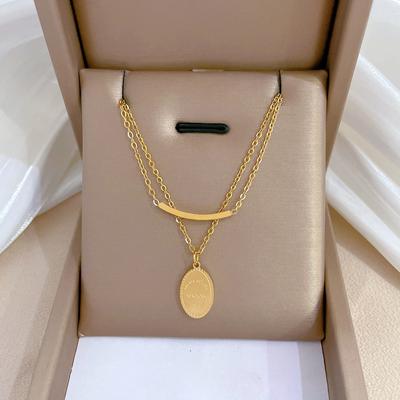 Double-Layer Disc Minimalist Furnace Real Gold Necklace Female Collarbone Chain With Jewelry