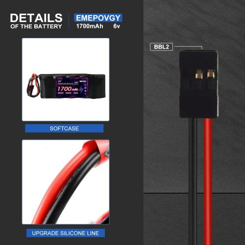EMEPOVGY 6V Nickel-Metal Hydride Battery, 1700mAh, Flat Type, Rechargeable, with Hitec/BBL2 Plug, for RC Receivers