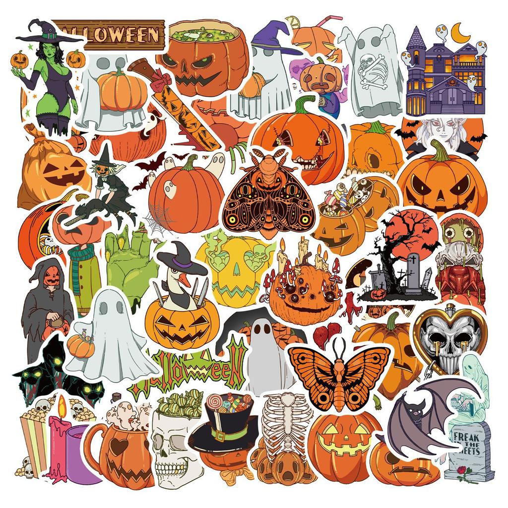 Outdoor Halloween Sticker 50 Pcs Stickers, Gothic Style Waterproof Spooky Pumpkin Bat Ghost Witch Holiday Gifts for Kids Teens Adults