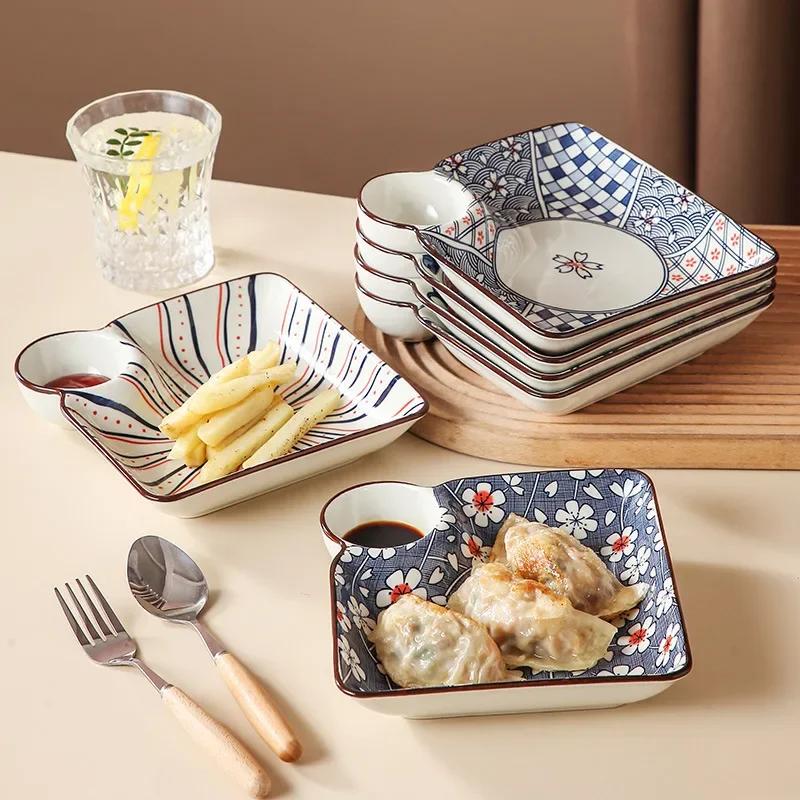 Bohemian Ceramic Dumpling Plate Household Underglaze Color Snack Dish with Saucer Fruit Dessert Platter French Fries Tray
