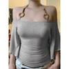 European and American Women's Clothing Guzao Sexy Wooden Bead Halterneck off-Shoulder Batwing Sleeve Tops Retro Waist-Controlled Slim Looking T-shirt