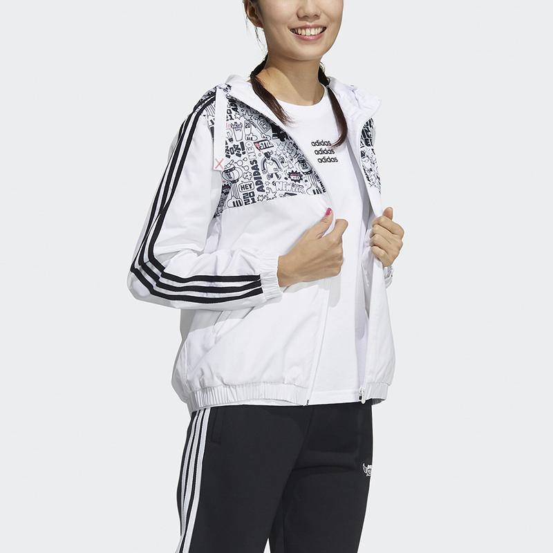 Adidas Neo Lunar New Year Collection Printed Pattern Hooded Regular Sleeve Vintage Sports Loose Stand Collar Jacket Women Jacket White GR0461