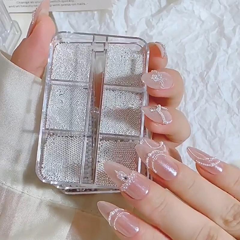 6 Grids Mini Pearl Nail Beads 0.6-2Mm Silver Stainless Beads Jewelry Metal Tiny Balls Diy Charm Accessories Manicure Decoration