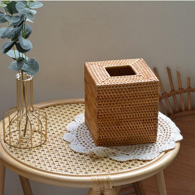 Vintage Rattan Tissue Box Square Creative Handmade Rattan Weaving Paper Box Living Room Desktop Decoration Hotel Room Ornaments