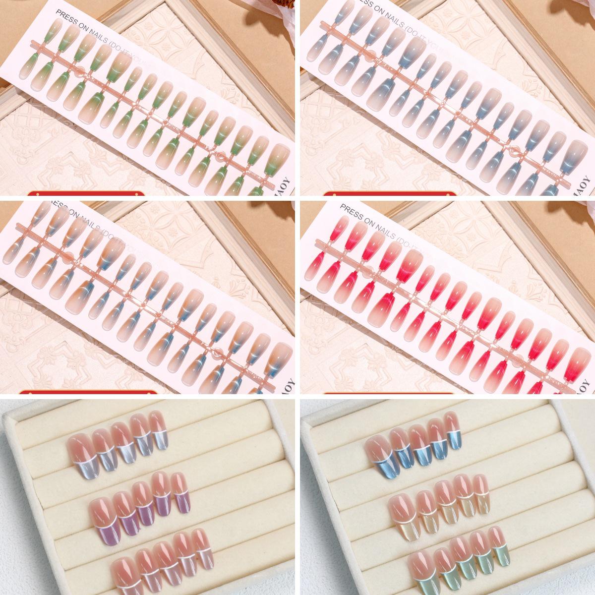 

French Cat Eye Press-On Nails with Crystal Art Stickers - Detachable, 30-Piece Set