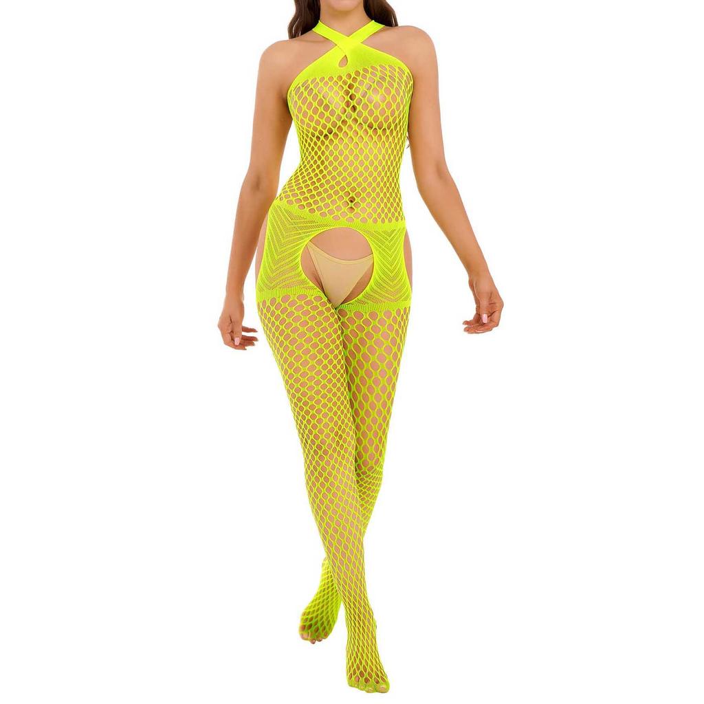 Bodystocking a rete da donna con design traforato, scollo all'americana incrociato e top da discoteca