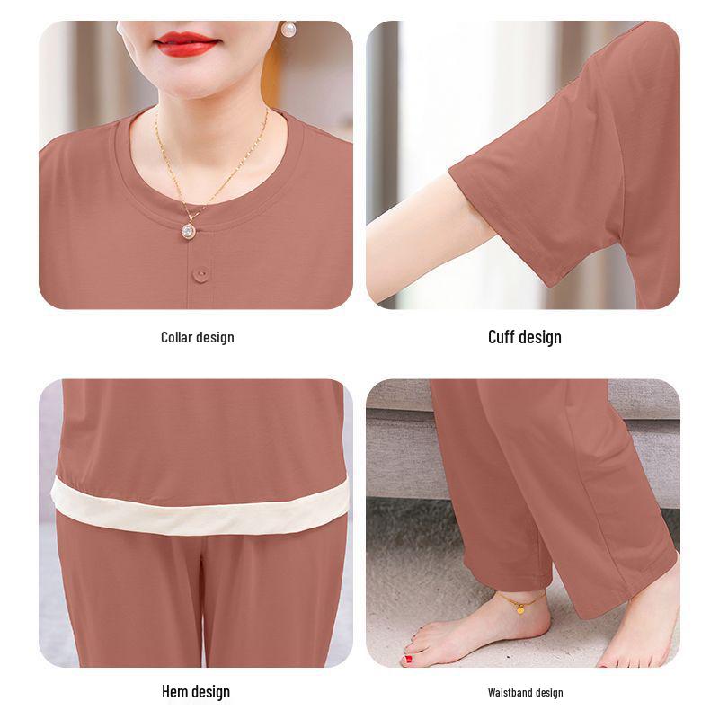 Ensemble pyjama en modal pour femme: Ensemble Haut Manches Courtes et Pantalon Long, Tenue d'Été Légère pour Femmes d'Âge Moyen et Tailles Fortes