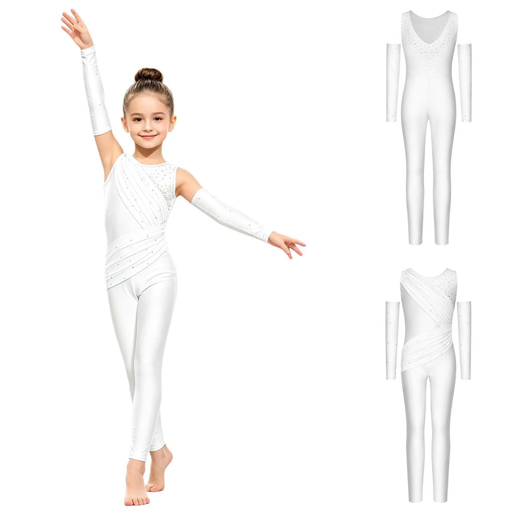 Girls Sparkly Rhinestone Dance Bodysuit Sleeveless U Back Mesh Overlay Ruched with Detachable Arm Sleeves for Gymnastics Competition
