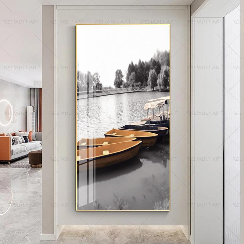 Nordic Style Black And White Seascape Canvas Painting Yellow Umbrella Boat Poster And Print Picture Living Room Bedroom Decor