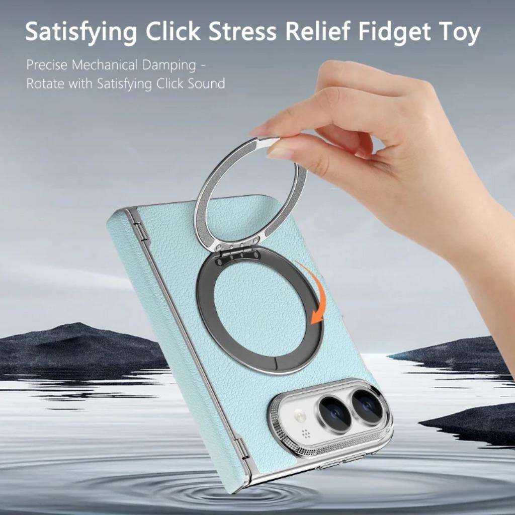 360 ° Rotating Magnetic Ring Kickstand Phone Case for IPhone Duo 18 Fold PU Leather Hinge Protection Wireless Charging Cover