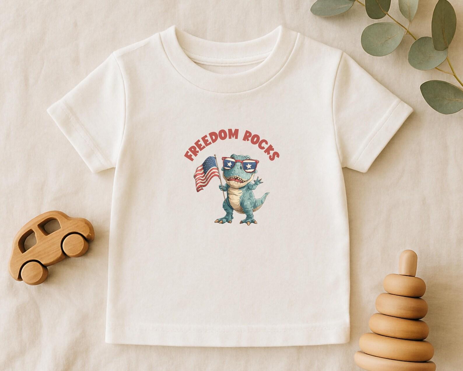 USA Shirt: Freedom Rocks Dinosaur Toddler Tee, Patriotic Kids T-Shirt 140