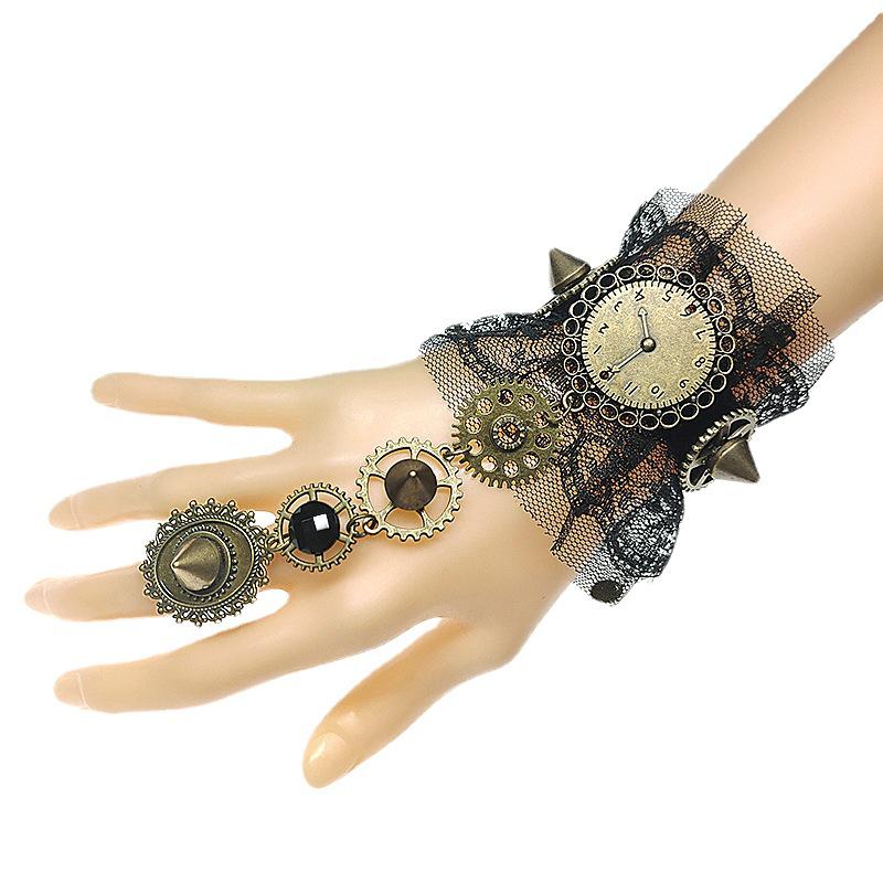 European Lace Gear Clock Punk Rivet Bracelet & Ring Chain for Halloween S412