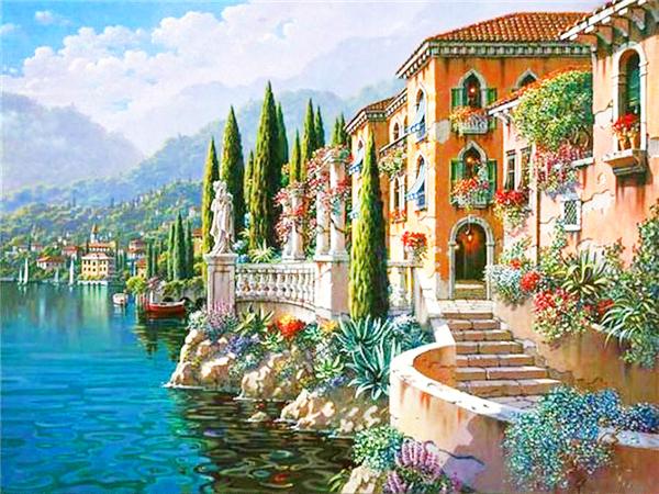 5d Diy Diamond Painting Seaside House Town Full Square/round Embroidery Mosaic Mountain Landscape Home Decor