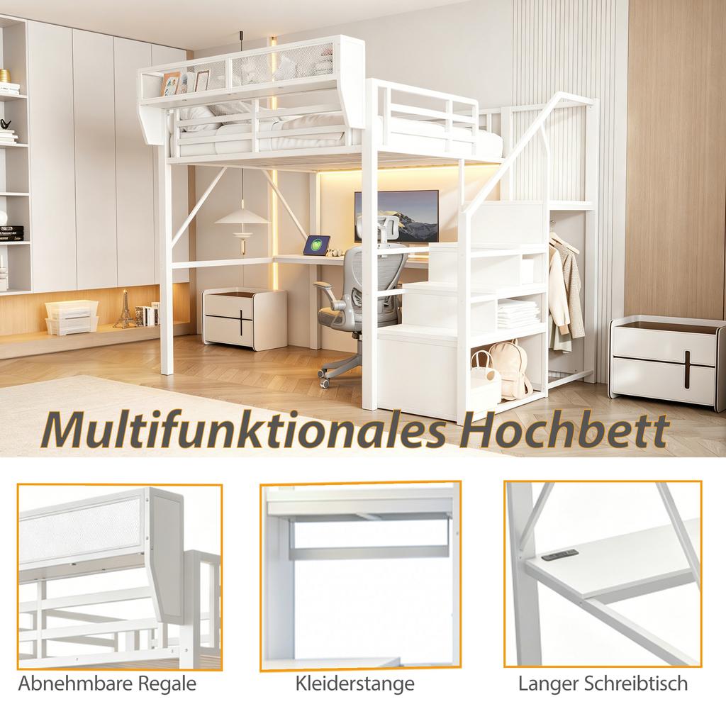 Loft Bed (140 x 200 cm), Metal Bed with LED Light Strip, Long Desk, Safety Ladder and Flexible Storage – Universal Bed for Adults and Children White
