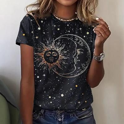 Summer Round Neck 3D Sun and Moon Print Top Fashionable Casual Short Sleeved Women's T-shirts