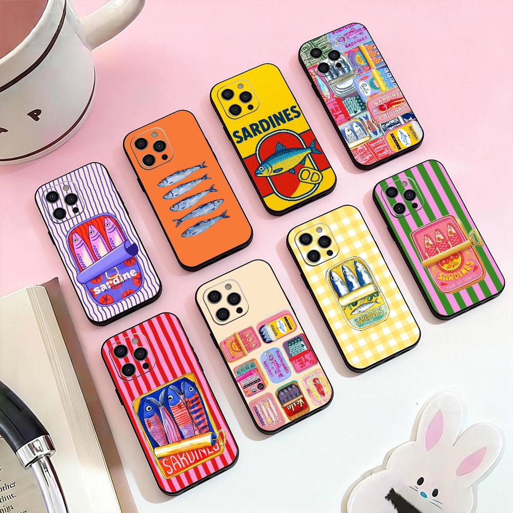 Sardines Fish Art Phone Case For iPhone 17,16,15,14,13,12,11 Plus,Pro Max,Soft Silicone Black Cover