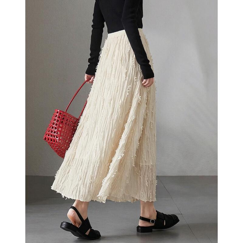 Pleated Tassel Mesh A-Line Long Skirt S