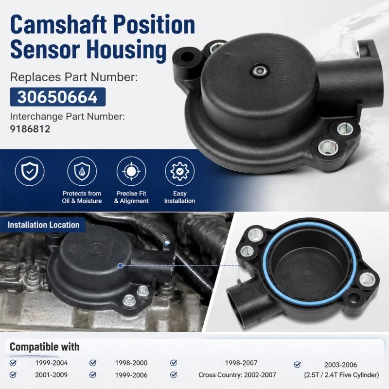 Housing-Only Camshaft Position Sensor Cover, Part Number 30650664, with ABS Construction and Multiple Metal-Insert Mounting Locations 9186812 for C70
