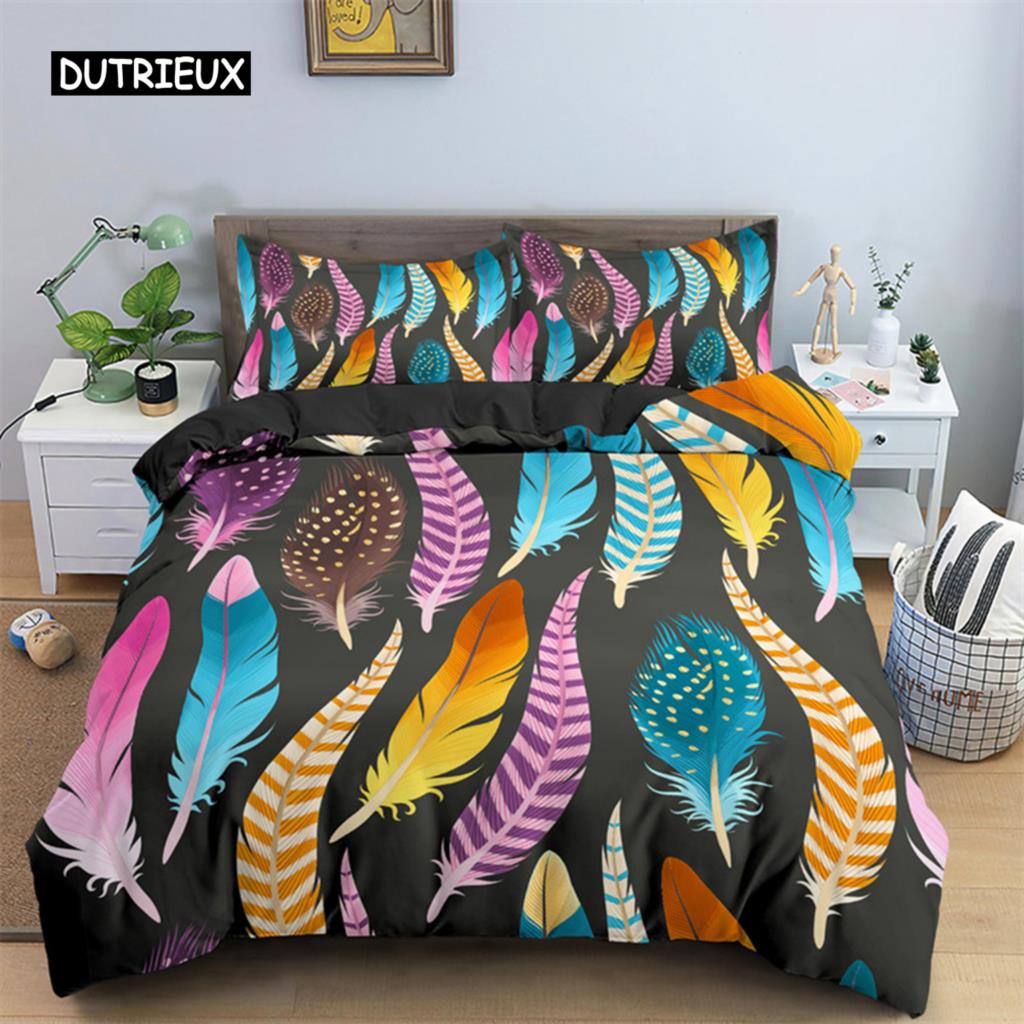Peacock Feather Duvet Cover Feather Theme Bedding Set Microfiber Floral Quilt Cover Twin King For Teen Boys Girls Bedroom Decor