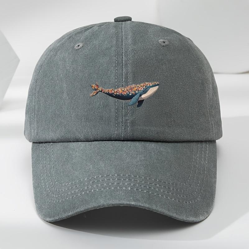 MenS Adjustable Floral Whale Baseball Cap  Black Outdoor Casual Hat with Vibrant Marine Design Machine Washable
