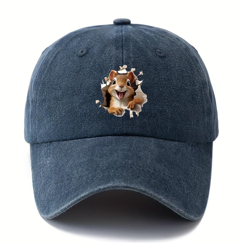 Cartoon Squirrel Print Retro Washed Lightweight Curved Brim Hat Suitable for Outdoor Vacation, Camping Truck Driver Hat