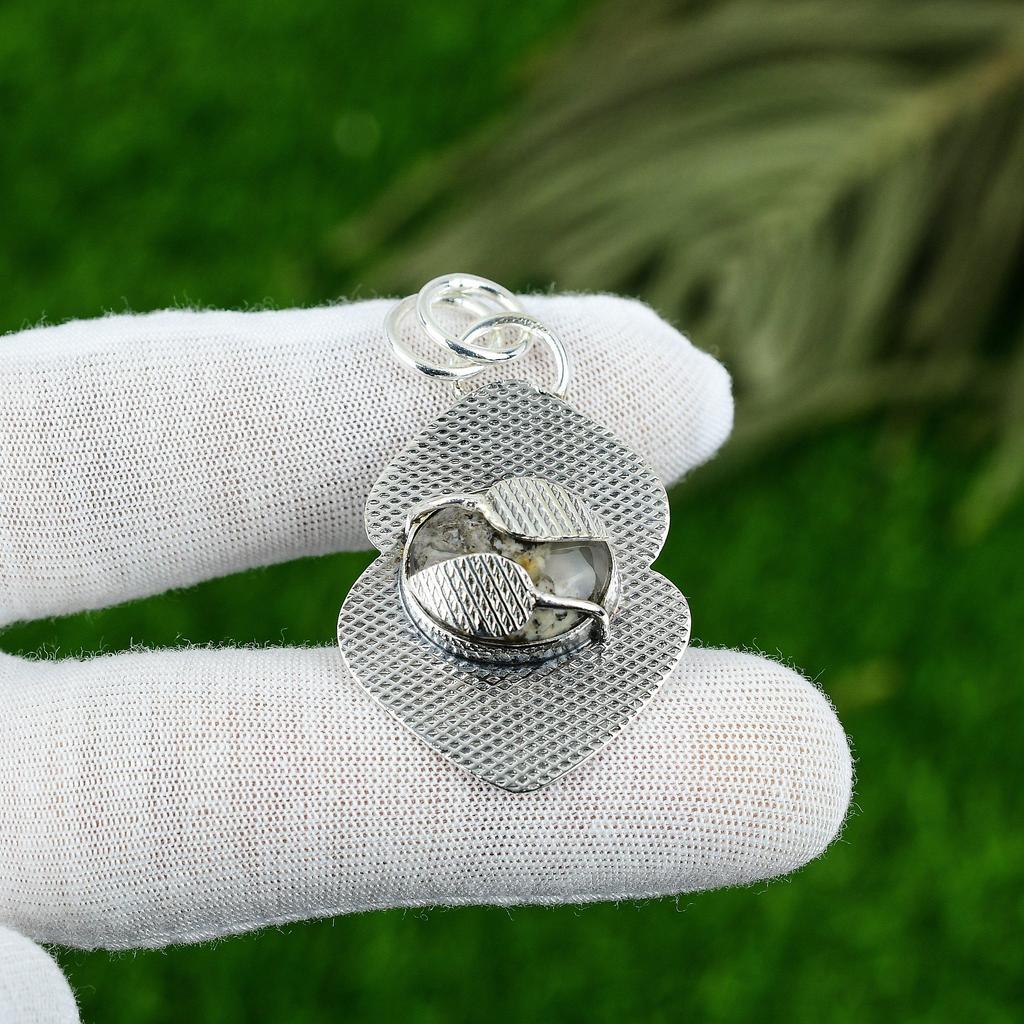 Womens day Sale Oval Plume Agate Stone Birthday Pendant Jewelry Sterling Silver