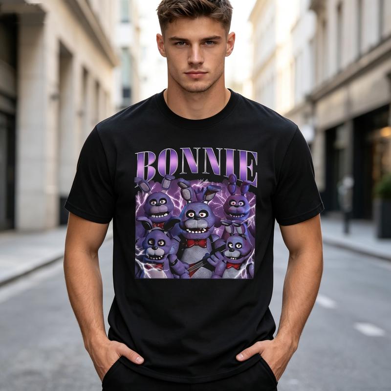 Retro Bonnie Character T Shirt Five Nights At Freddys Graphic Cotton Tee Casual Unisex Short Sleeve For Horror Game Fans