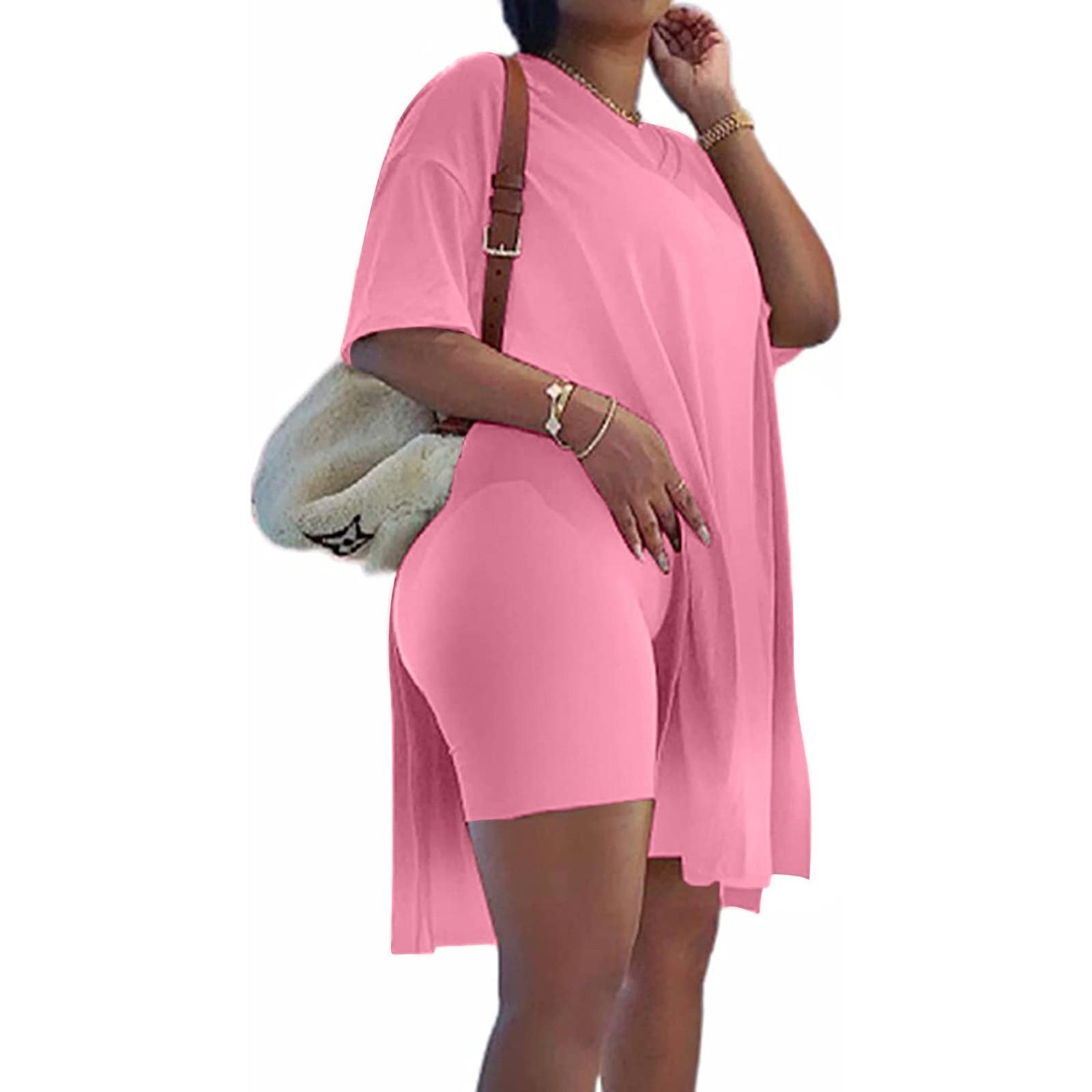 

Женская туника больших размеров с короткими рукавами и боковыми разрезами и узкие шорты, комплект спортивной одежды из 2 предметов XXXXL розовый