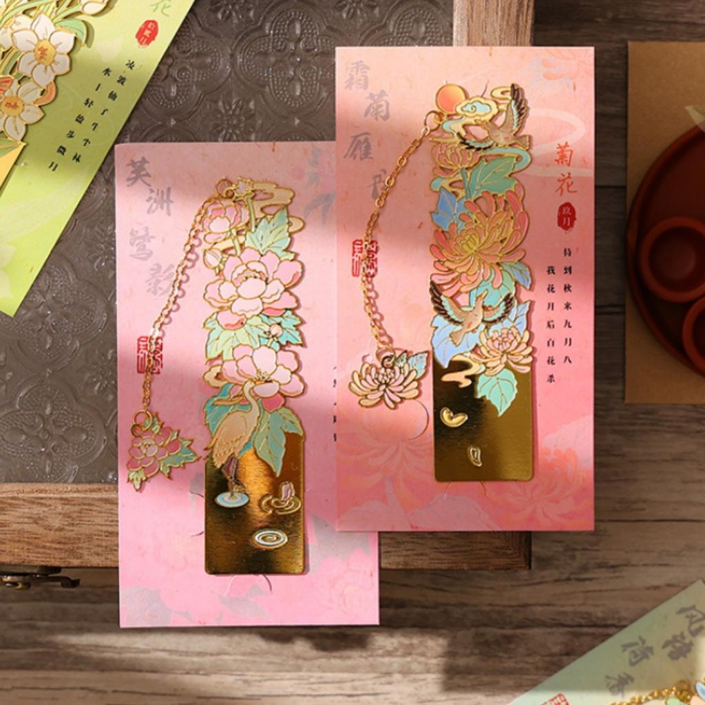 12 Monthly Climate Flowers Bookmark Exquisite Artistic Metal Bookmarks with Long Chain Tassel Students Book Clip Reading Tool