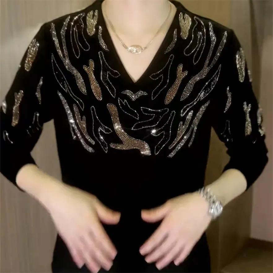 Women Autumn Vintage Clothing Long Sleeve T-shirt Y2k V-neck Korean Plus Size Casual Tops