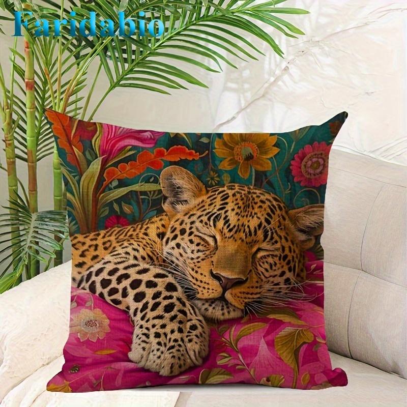 1 Stück Tropischer Dschungel Maximalistischer Leopard Kissenbezug Polyester 2D Zweiseitiger Druck Verzierter Blumiger Überwurf-Kissenbezug Für Sofa Bettr