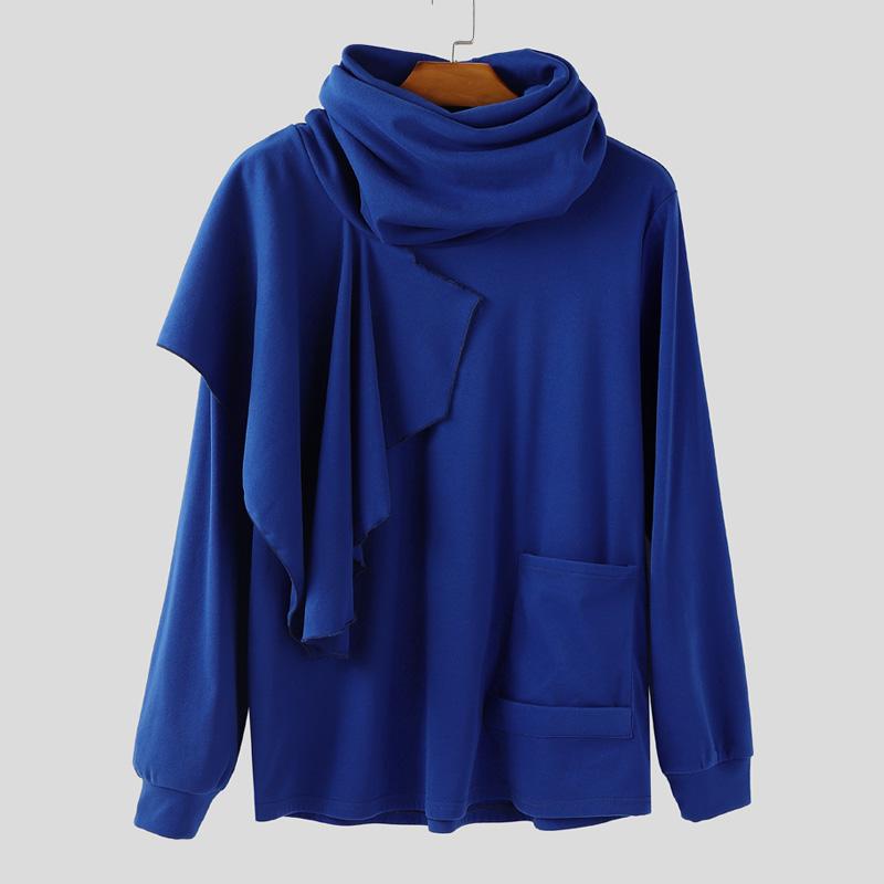 INCERUN Autumn Men High Cowl Neck Long Sleeve Ruffled Irregular Casual Tops T-shirts