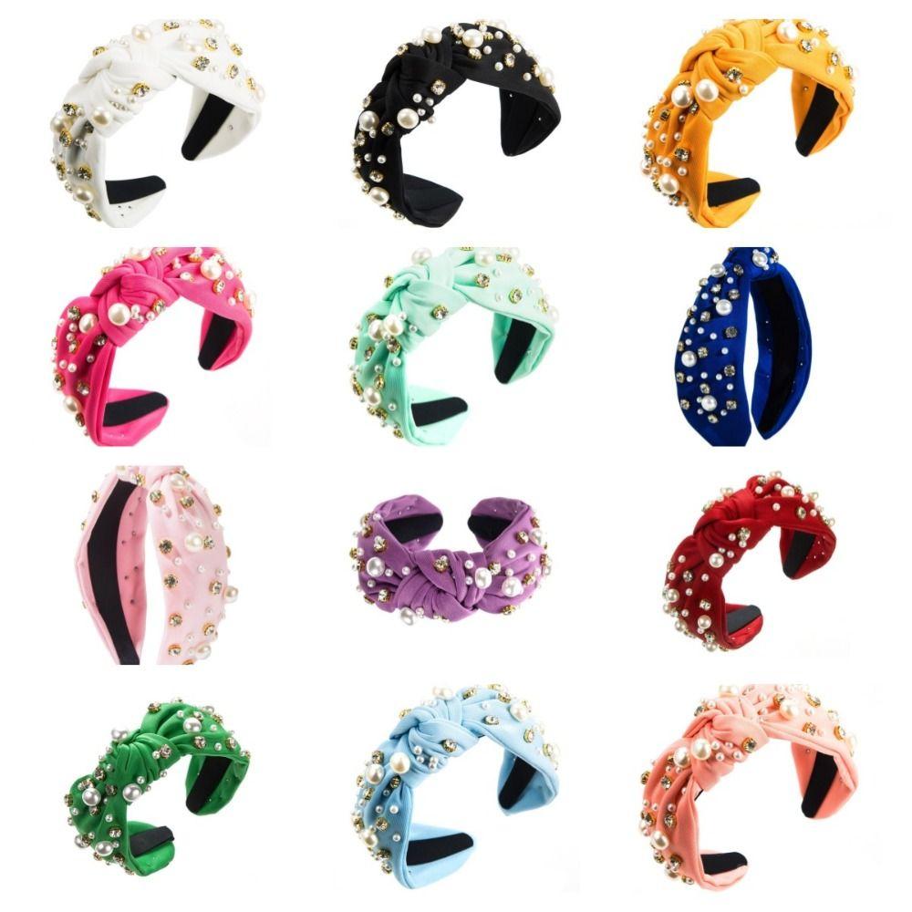 Nail Pearl Head Hoop Solid Color Baroque Headband Vintage Rhinestone Pearl Hairband Adult