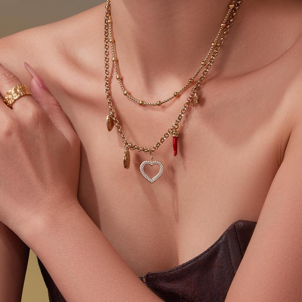 Qiong Yao 5A Zirconia Clover Heart Double Layer 18K Gold-Plated Necklace