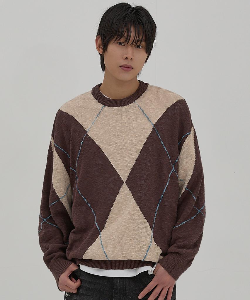 WAIKEI Big Argyle Boucle Knit Beige