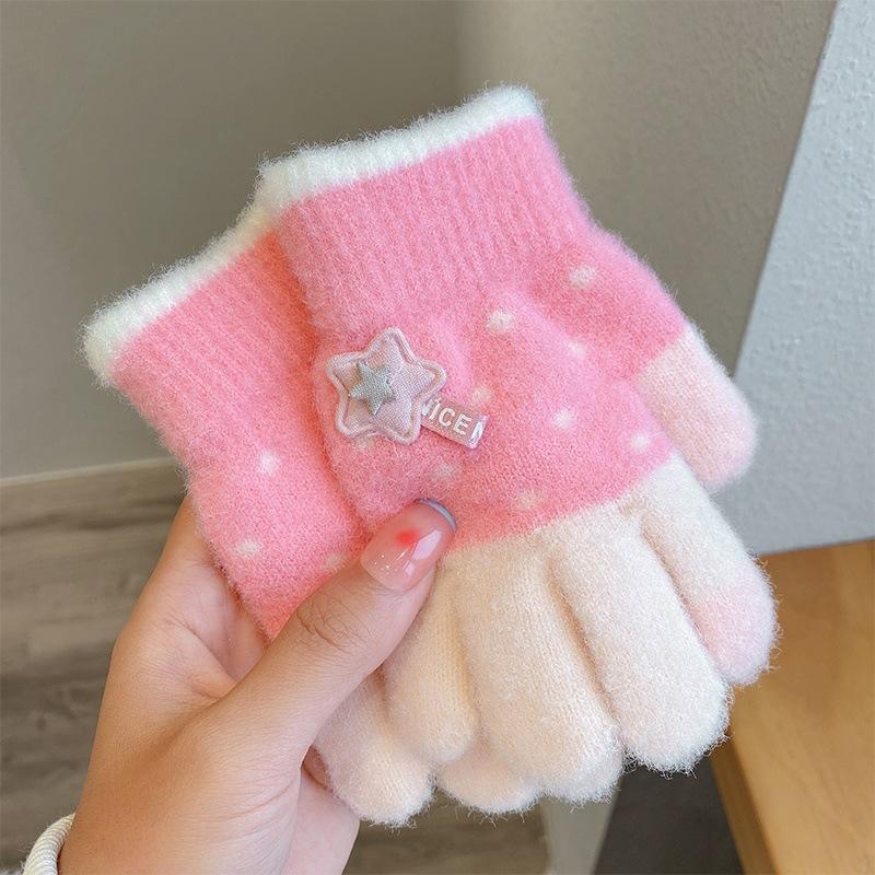 Children's Gloves Cartoon Cute Stars Autumn and Winter Velvet Thickened Warm Windproof Five-finger Boys and Girls Color Matching Gloves
