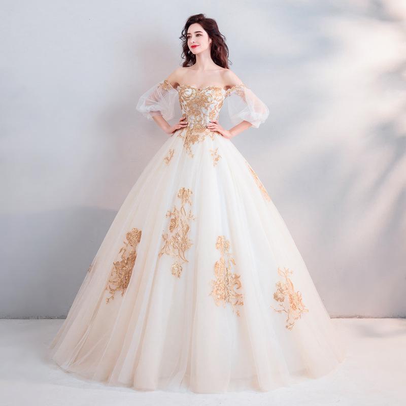 Palace Style Golden Three-dimensional Embroidery Bride Perspective Long-sleeved Wedding Dress